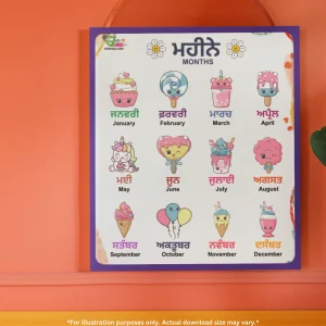 A big framed chart of months name in Punjabi and English rests against the colorful wall.