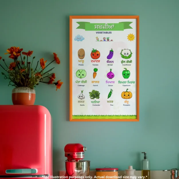 A chart of vegetable names in Punjabi hangs on the wall and there are kitchen things on the platform and a freezer that has flowers in its vase.