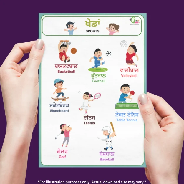 A person is holding a poster of sports names in Punjabi and English with both hands in front of a purple background.