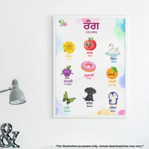 Cute colors name in Punjabi chart frames hang on the wall. There is also a light and another decorative element on the table.