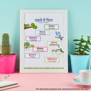 Days of the week in Punjabi poster framed on a pink desk, and there are plants in containers on the desk on both sides of the chart.