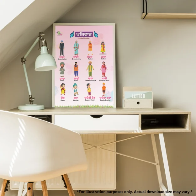 Family members in English and Punjabi poster on a table with a lamp, and letterbox. And there is also one chair in front of the table.