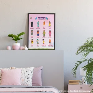 Family members in Punjabi poster placed on the bedroom wall, and with this poster there is a bed, plants, books, and a lamp in the bedroom.