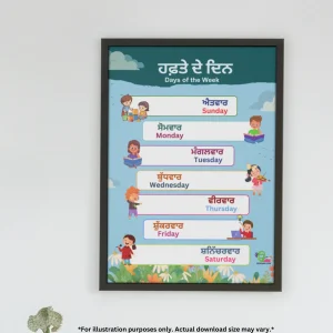 A beautiful chart of days names in Punjabi and English hangs on the wall and there is a cactus flower on the side.