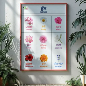 A beautiful poster of flowers and names in Punjabi hang on the white wall, with plants placed on the floor beside it.