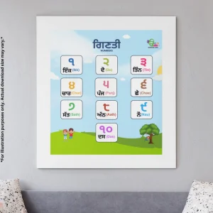 A big framed chart of numbers in Punjabi with stunning illustrations hangs in the middle of the wall.