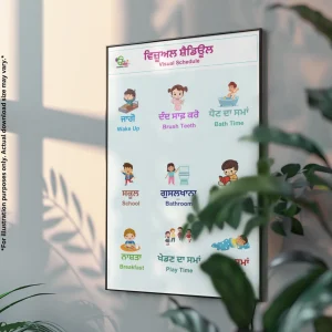 A chart for daily routine in Punjabi and English is hanging on the wall, with many plants nearby.