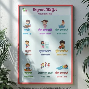 A chart for daily routine in Punjabi and English is in the middle of the white wall, with plants on both sides.