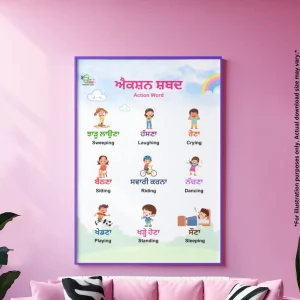 A chart of action words in Punjabi and English hangs on a pink wall. There is a pink sofa with white and black pillows on the floor.