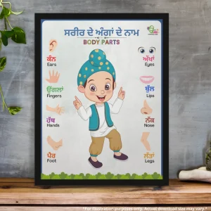 A chart of body parts names in Punjabi on a wooden table, and there is a money plant on the left side of the chart.