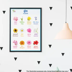 A chart of flowers in Punjabi hangs on the patterned wall. A pink lamp with a long wire hangs from the ceiling, and there is ice cream in the room.