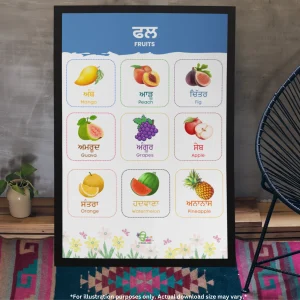 A chart of fruits names in Punjabi and English rests against the wall. There is a plant in its container at the right side of the chart and there is a chair on the colorful patterned carpet on the floor.