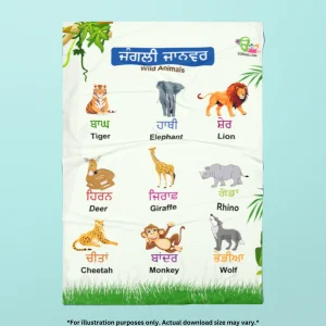 A chart of wild animals names in Punjabi and English with colorful illustrations of animals and their names.