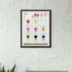 A color names chart in Punjabi with colorful rounded illustrations hung in the middle of the wall.