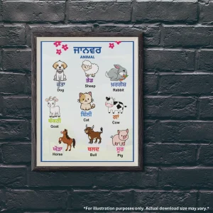 A cute chart of farm animals names in Punjabi and English is hanging on a dark brick wall.