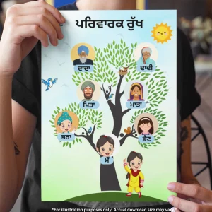 A family members names tree chart in Punjabi is held by a person in black clothes sitting on a metal chair.