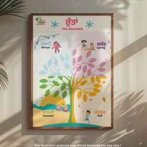 A framed illustration of the all season name in Punjabi hangs on the wall. Next to it, there is a plant. Sunlight is coming into the room, creating shadows of the plant on the wall and the picture.