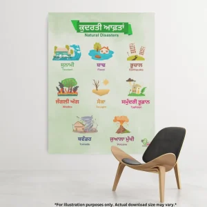 A natural disaster names in Punjabi and English chart hangs on a white wall and a chair is on the floor.