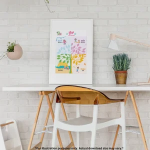 A picture of seasons names rests against the wall on the table with a lamp and a cute little plant. And there is a chair on the floor against the table.