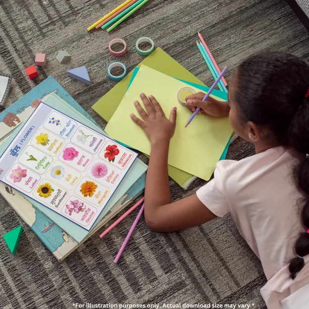 A poster of flowers name in Punjabi is placed on some books near a child drawing on chart paper, with various stationery items on the floor.