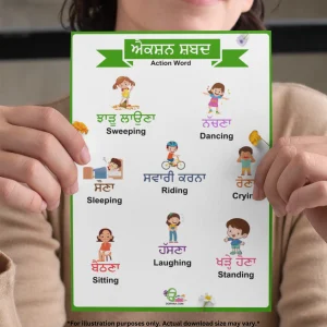 A woman holding an action words chart in Punjabi and English in with both hands. She is wearing a cream-colored long-sleeve t-shirt.