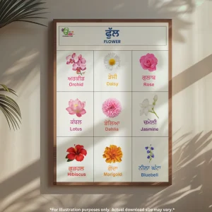 A wooden-framed photo of flowers and names in Punjabi is hanging on the wall, with a plant placed next to it. There is sunlight coming into the room.