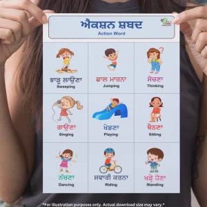 An action words in Punjabi and English chart is held by a young girl through her hands.