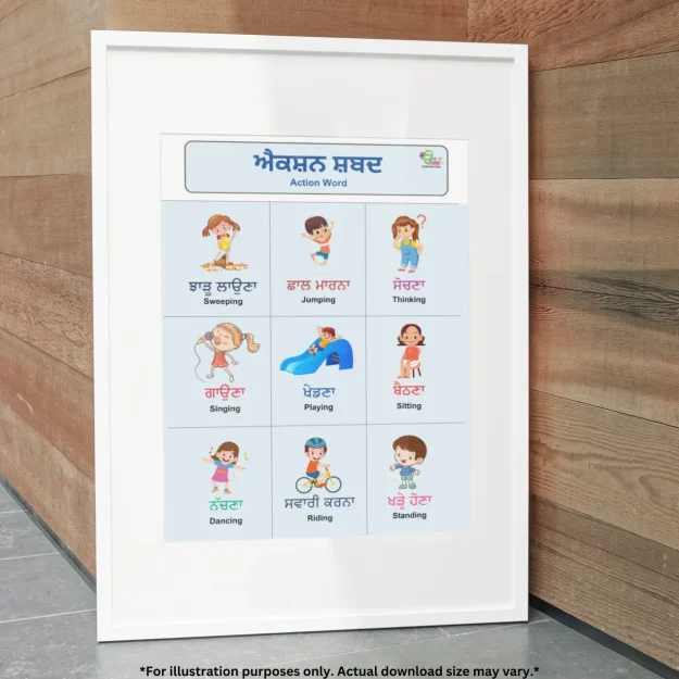 An action words in Punjabi and English chart is resting against the wooden wall on the floor.