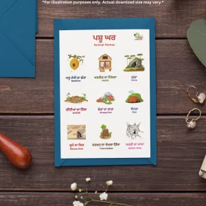 An animals homes names chart in Punjabi and English is placed on a wooden surface.