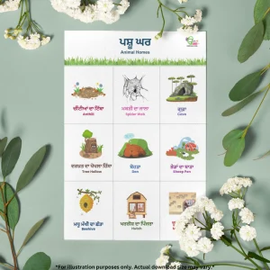 Animals with their homes chart for kids in Punjabi and English hangs on the wall and the chart is surrounded by vibrant flowers and green leaves.