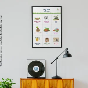 Animals with their homes chart for kids in Punjabi and English hangs on a wall above a table with a photo frame and a lamp.