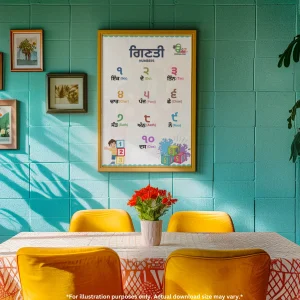 A big framed chart of numbers in Punjabi hangs in the middle of the wall and three pictures also hang right side of the chart, and on the floor, there is a dining table that has a flower pot on it and there is four chairs.