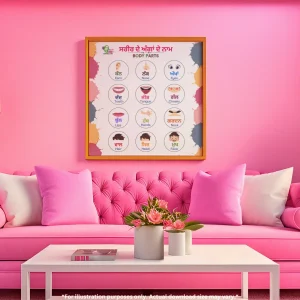 A chart of body parts in Punjabi and English hangs on a pink wall, and in the room, there is a pink sofa with pink and white pillows. On the floor, there is a table that has a book and some flowers in containers on it.