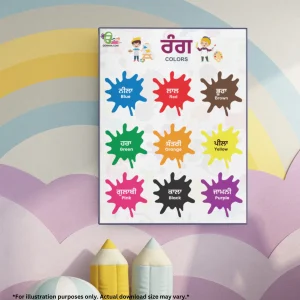 Color chart with names in Punjabi and English hanging on a rainbow-colored wall.