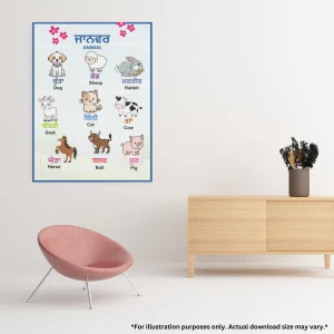 The farm animal names in Punjabi chart hanging on the wall. There is also one plant with its container on the table and one pink rounded chair on the floor.