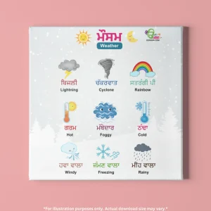 Weather names chart in Punjabi and English hanging on a vibrant pink wall.