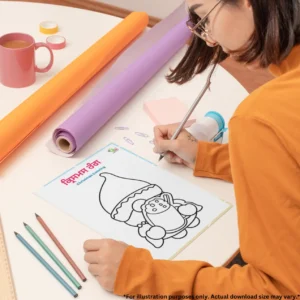 A girl is drawing in a Christmas coloring pages on a round table with chart papers, an eraser, a sharpener, pins, cello tapes, and pencils.