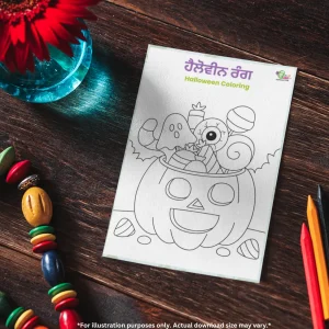 The printable Halloween coloring pages are on a wooden table with colorful pencils, a bead necklace, and an orange flower in a glass container beside it.