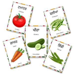 5 vegetables flashcards with names are placed randomly on a plain white digital background, showcasing vegetable images.