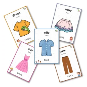 Five clothes vocabulary flashcards for kids are lying on a plain white surface.