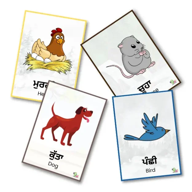 Four farm animal cards in Punjabi and English are spread across a white background.