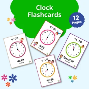 Printable telling the time flash cards of analog clock are on a colorful background.