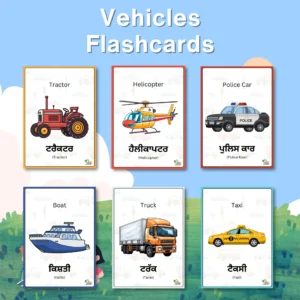 Six printable vehicles flashcards in Punjabi and English are displayed on a digital nature background.