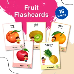 Some educational fruits flashcards are displayed on a colorful surface, there is also a text heading with "Fruit Flashcards" and a sticker with "15 Cards" text.