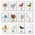 Twelve farm animal flashcards are neatly arranged in order on a plain white background.