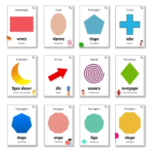 Twelve printable shape flashcards PDF files for kids are arranged in order on a white background.