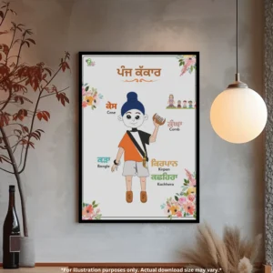 A frame of 5 kakar name in Punjabi is on the wall with a large lamp hanging above, a bottle, and a plant nearby.