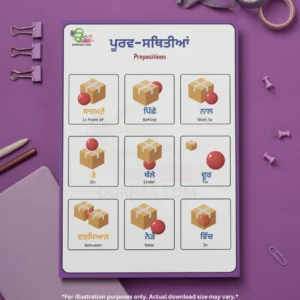 A free preschool prepositions names chart is placed on a purple background with purple-themed tapes, pins, pens, and a notebook around it.