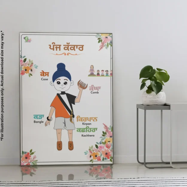 A large 5 kakar name in Punjabi wall art is resting against a white wall, with a plant in a container on a table beside it.