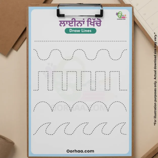 A tracing lines worksheets printable pdf is on the writing board with card papers and a register book around it on the table.